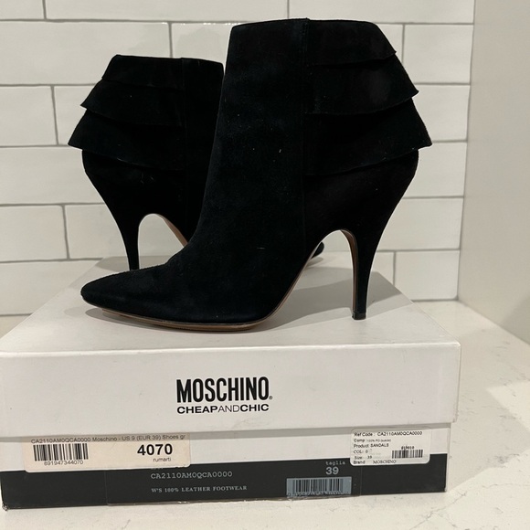 Moschino Suede Ruffle Boot Booties. Black. Size 9. Includes Box. EUC. - Picture 11 of 14